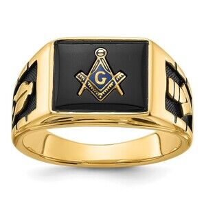 14k Yellow Gold Genuine Fine Jewelry  Men's  Black Enamel & Onyx Masonic Ring